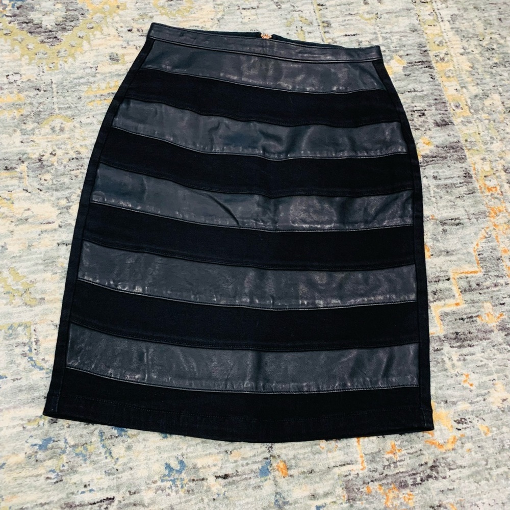 Leather & denim pencil skirt with rose gold detail